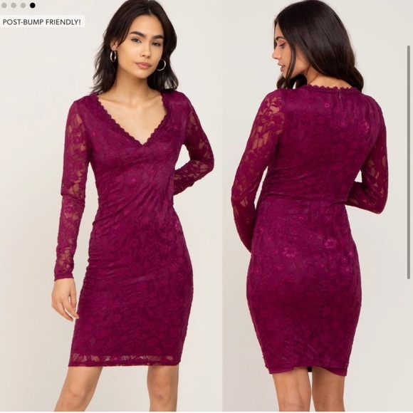 Pinkblush Plum Maroon Burgundy Long Sleeve Lace V-Neck Maternity Fitted Dress - Picture 2 of 12